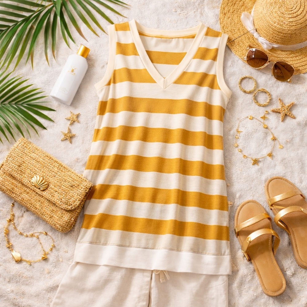 Fantastic Fawn Cream & Golden Yellow Striped Sleeveless Tunic Top L